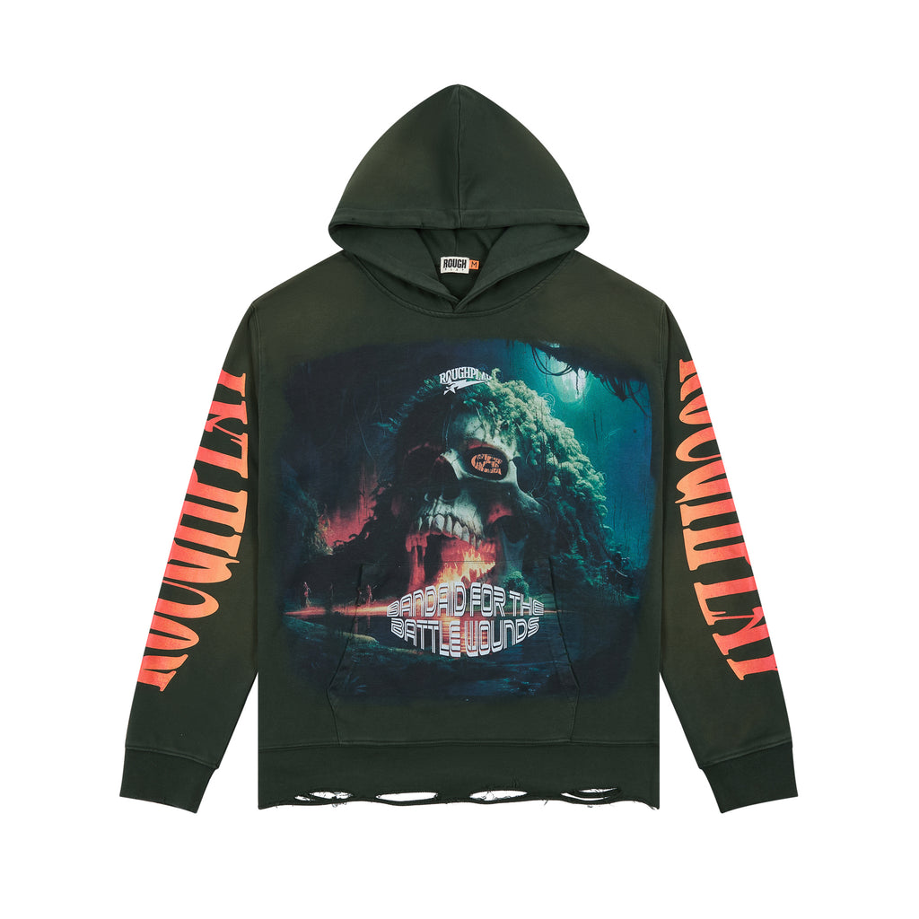 Battle Wounds” Graphic Hoodie – Olive Green