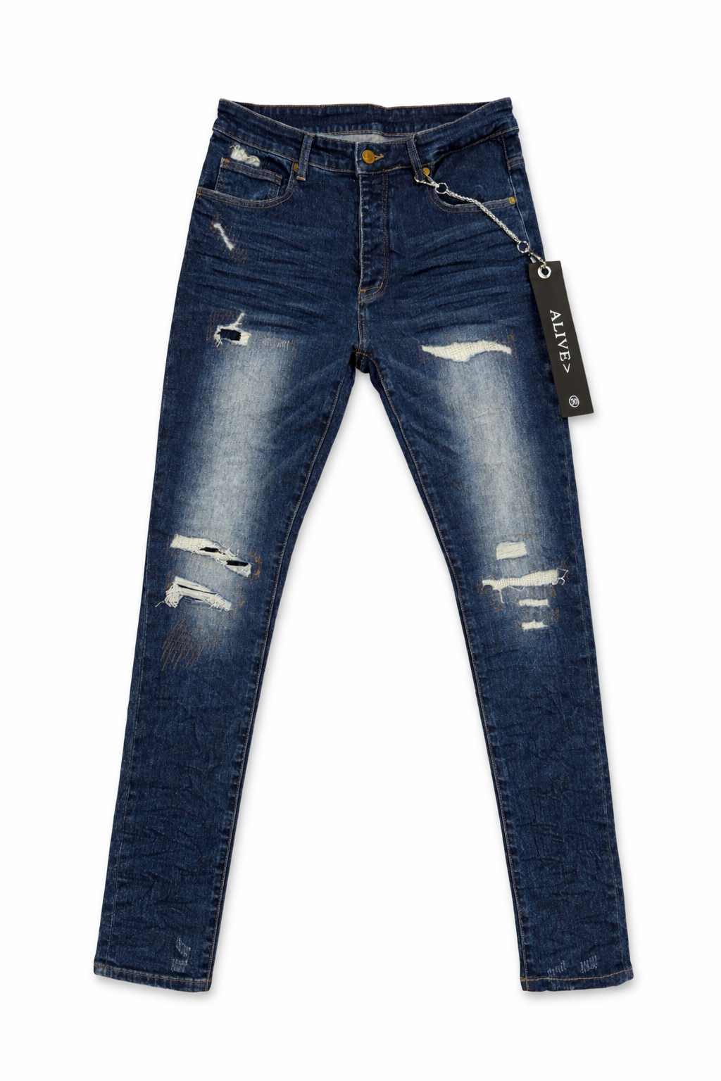 Distressed Slim Fit Alive Jeans – Dark Wash Denim