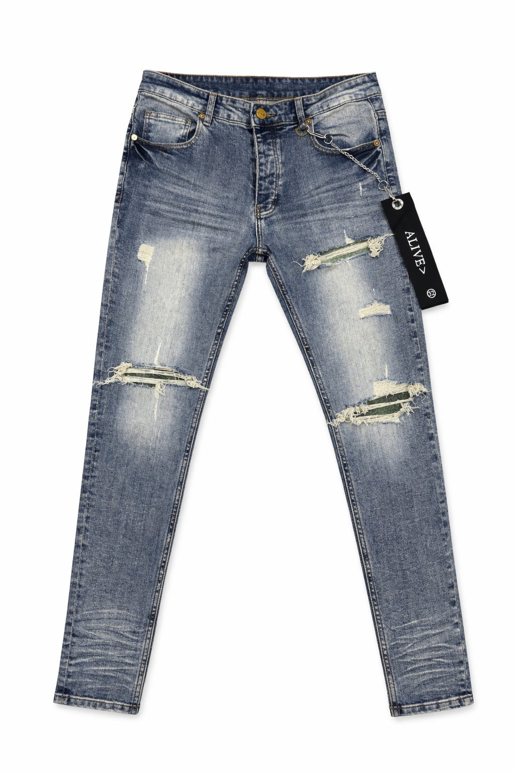 Distressed Slim Fit Alive Jeans – Light Wash with Repair Detail
